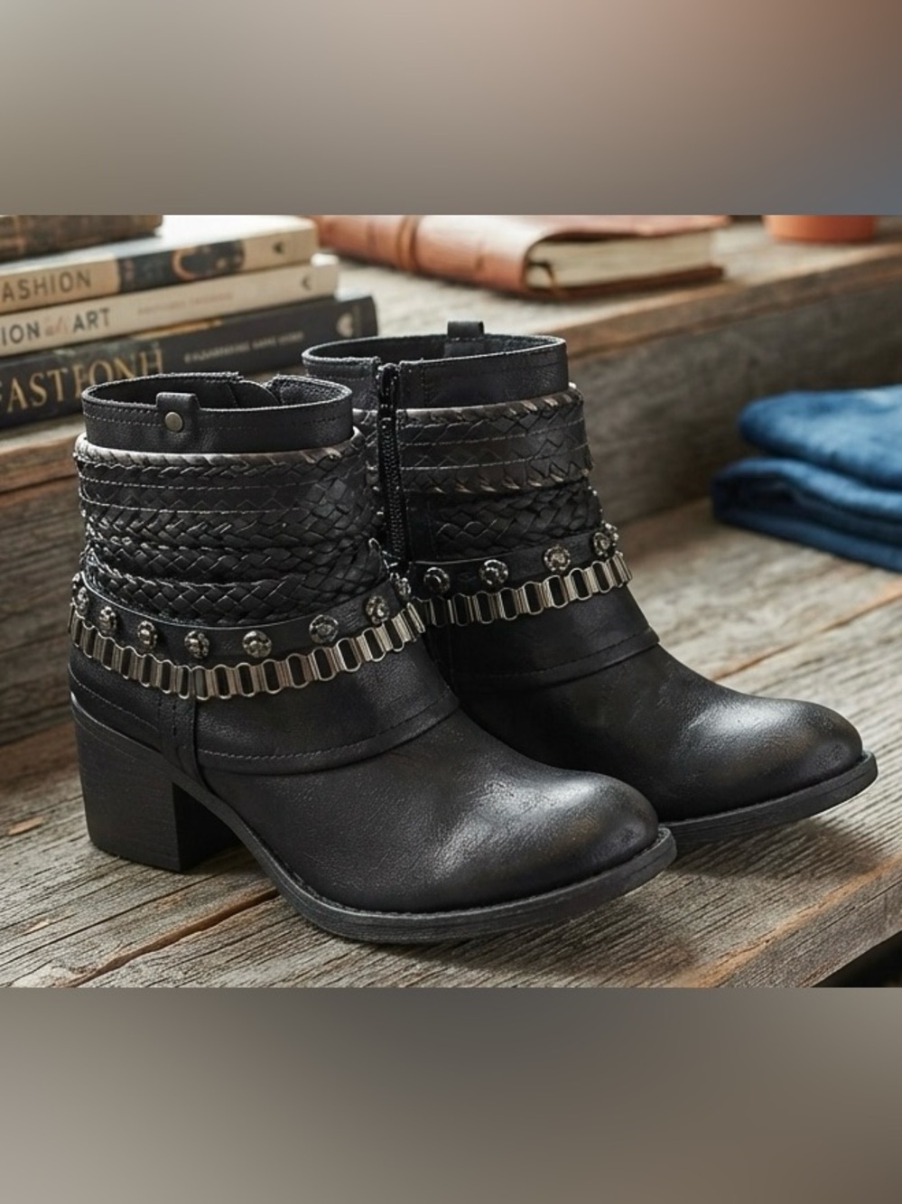 Carlos by Carlos Santana Black Braided & Studded Ankle Boots
